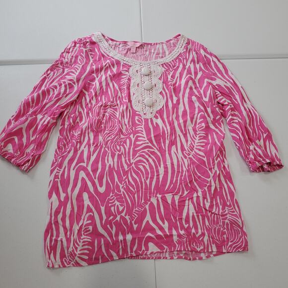 Lilly Pulitzer Shirt Womens Medium Zebra Print Tunic 3/4 Sleeve Boho Top - Picture 1 of 8